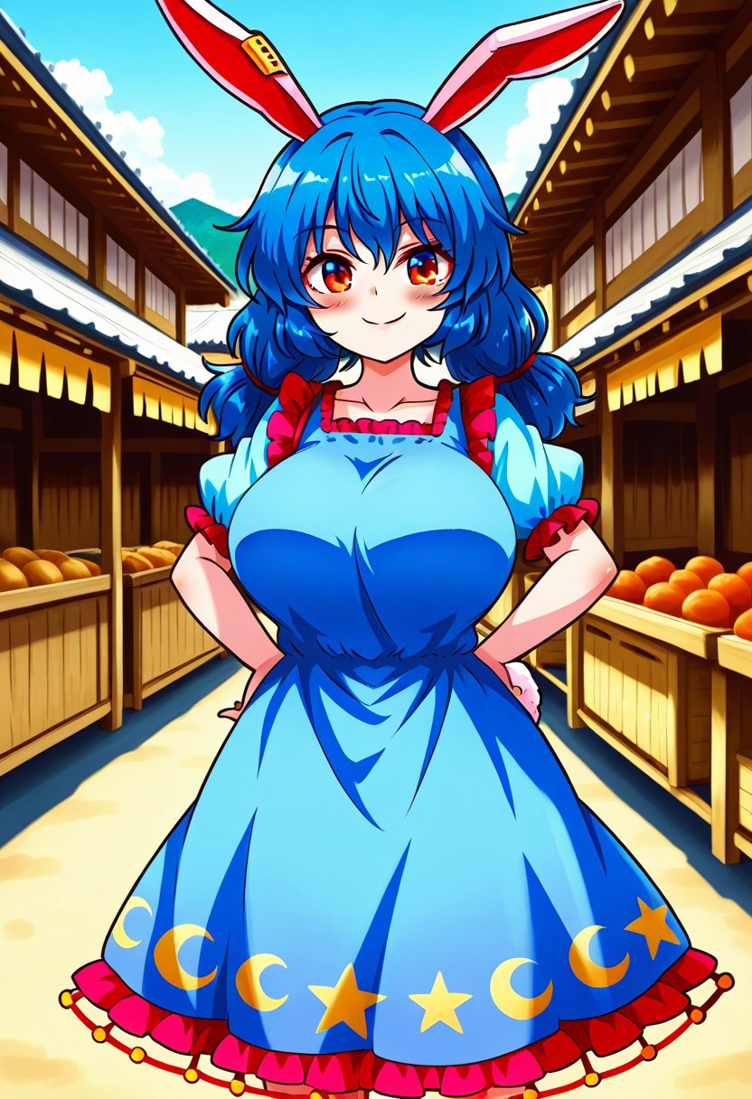 seireiart style, outside, (japanese village), (feudal japan), ((marketplace)), daytime, 1girl, solo, smile, blush, closed mouth, ((Large Breasts)), looking at viewer, ((standing)), ((posings)), seiran \(touhou\), rabbit ears, rabbit tail, blue hair, medium hair, red eyes, kine, blue dress, star \(symbol\), puffy short sleeves, crescent, earclip, stain, twintails, frills, star print