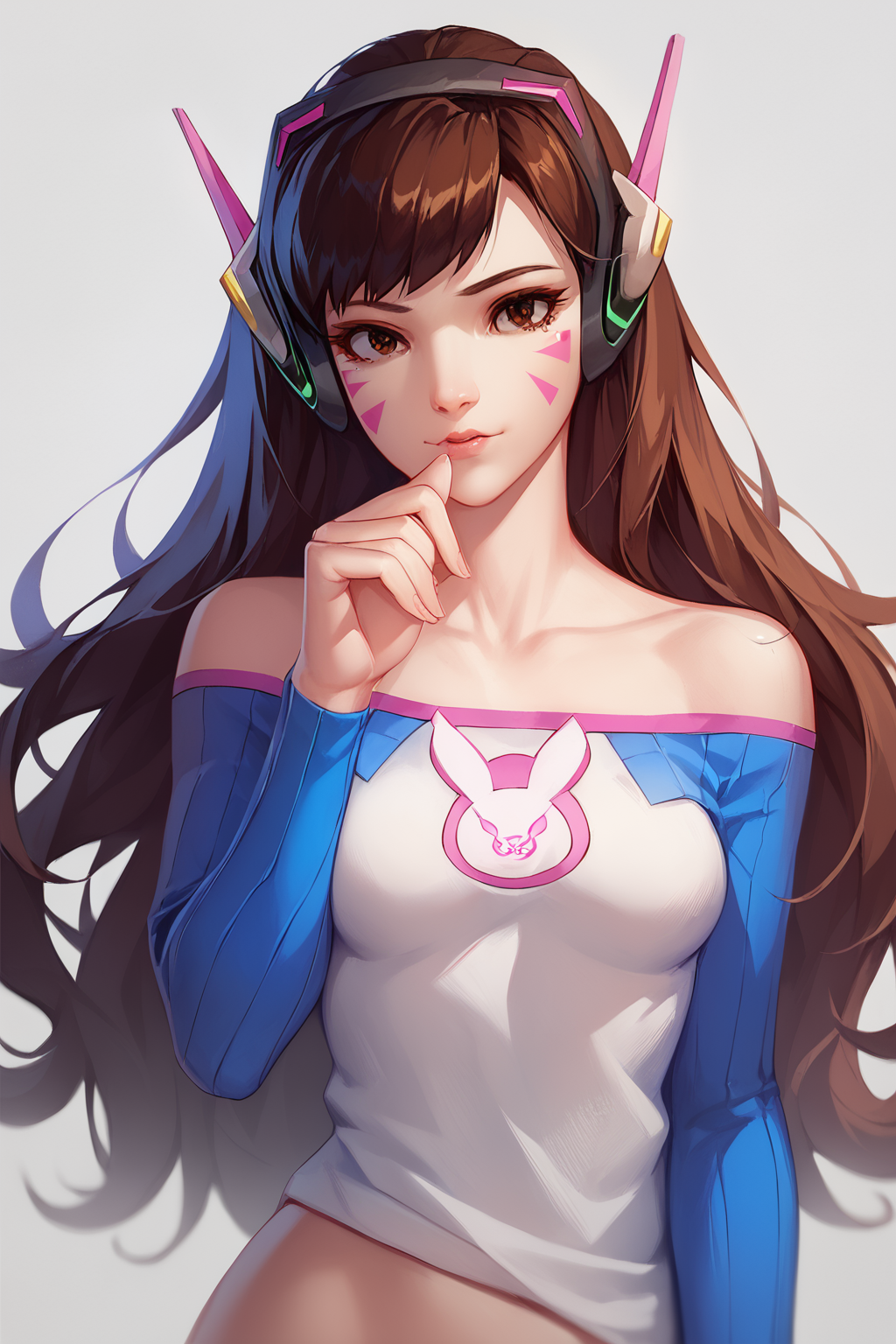 <lora:DVApony:1>,
score_9,score_8_up,score_7_up,score_6_up,score_5_up,score_4_up,
masterpiece,best quality,masterpiece,(best quality),
official art,extremely detailed cg 8k wallpaper,((crystalstexture skin)),(extremely delicate and beautiful),highly detailed,
HanaSong,1girl,solo,d.va,(overwatch),long hair,whisker markings,facial mark,brown eyes,
beautiful detailed eyes,shirt,simple background,