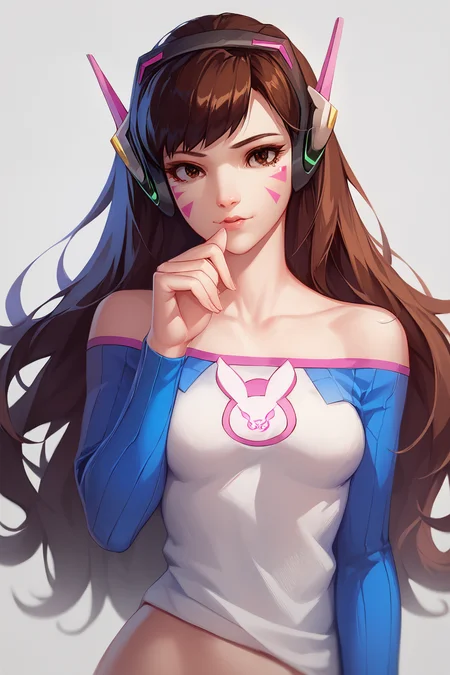 <lora:DVApony:1>,
score_9,score_8_up,score_7_up,score_6_up,score_5_up,score_4_up,
masterpiece,best quality,masterpiece,(best quality),
official art,extremely detailed cg 8k wallpaper,((crystalstexture skin)),(extremely delicate and beautiful),highly detailed,
HanaSong,1girl,solo,d.va,(overwatch),long hair,whisker markings,facial mark,brown eyes,
beautiful detailed eyes,shirt,simple background,