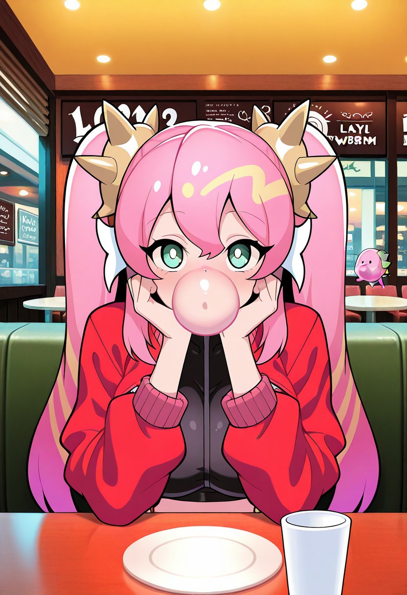 1girl, LiveTwinKi-sikilYu-Gi-Oh, general, solo, pov dating, straight-on, long hair, pink hair, twintails, large breasts, spike, red jacket, open jacket, crop top, dating, sitting, looking at viewer, face in hands, restaurant, table, cup, <lora:kp_LiveTwinKi-sikilLil-laYu-Gi-OhIllustrious_v1_0:1.0>, masterpiece, best quality, amazing quality, (( blowing pink bubblegum  )),