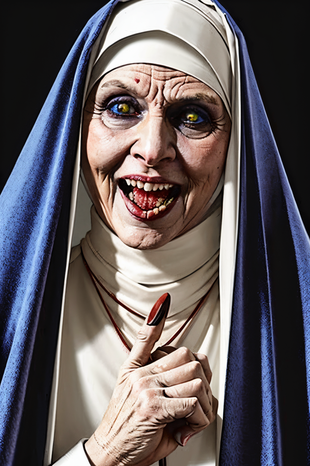 (Realistic:1.5) (masterpiece) (full body portrait)) horror colored sclera, blue theme, brown eyes, closed mouth, colored sclera, fingernails, teeth, meme, tongue, old woman, lips, flower, hood, brown hair, nun, blood,   <lora:EdobHorror_v1.0:0.8>