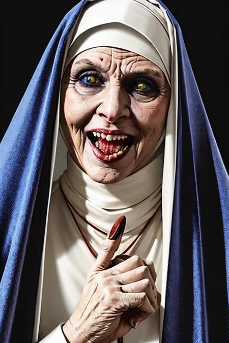 (Realistic:1.5) (masterpiece) (full body portrait)) horror colored sclera, blue theme, brown eyes, closed mouth, colored sclera, fingernails, teeth, meme, tongue, old woman, lips, flower, hood, brown hair, nun, blood,   <lora:EdobHorror_v1.0:0.8>