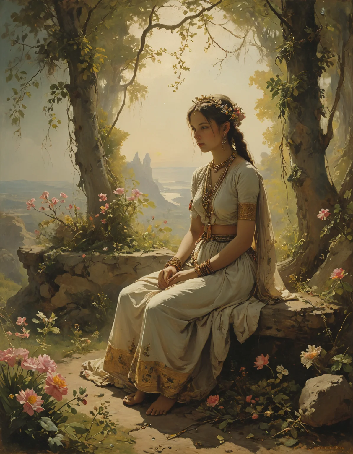 ([by Harriet Backer|by Francisco de Goya]:1.5), (Across the plains of the subcontinent, Ancient India blossoms, a tapestry of empires and spirituality, where the Vedas echo through the ages.:0.5) (Fairy punk:1.3) <lora:xl_more_art-full_v1:0.5> <lora:add-detail-xl:0.7> <lora:MJ52:0.4>