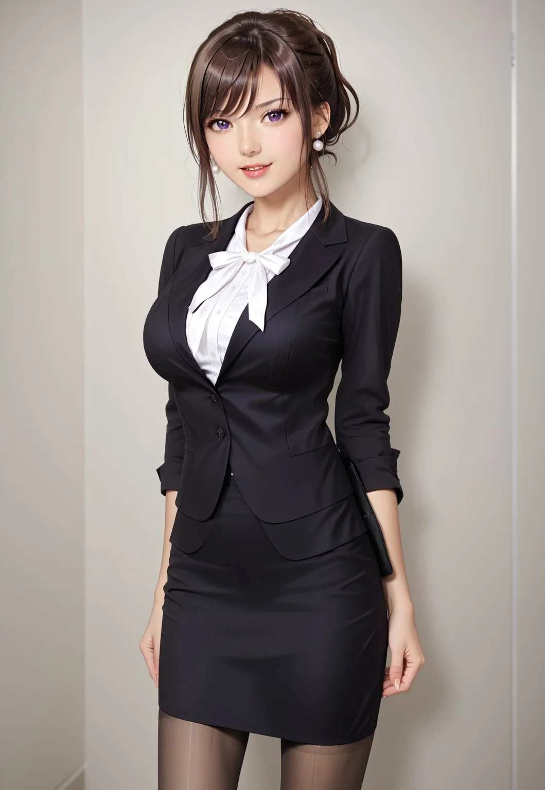 safe_pos, in office room, office interior, (photorealistic, beautiful girl, sexy girl, Japanese girl) (matsumiya_kiriko, pantyhose, skirt, solo, brown hair, purple eyes, fitted skirt, formal, suit, black skirt, shirt, jacket, white shirt, office lady, outfit1 earrings, pearl earrings,) 1girl, best quality, cowboy shot, seductive smile, large breast, Overall Detail, (slim, standing, open mouth, looking at viewer, young-adult contrapposto) realistic hands, white stocking, negative hand, handfixer, tony taka, alone, 1 girls