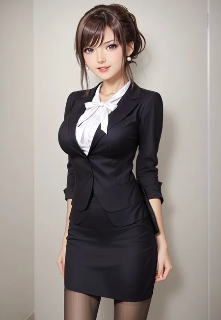 safe_pos, in office room, office interior, (photorealistic, beautiful girl, sexy girl, Japanese girl) (matsumiya_kiriko, pantyhose, skirt, solo, brown hair, purple eyes, fitted skirt, formal, suit, black skirt, shirt, jacket, white shirt, office lady, outfit1 earrings, pearl earrings,)  1girl, best quality, cowboy shot, seductive smile, large breast,  Overall Detail, (slim, standing, open mouth, looking at viewer, young-adult contrapposto) realistic hands, white stocking, negative hand, handfixer, tony taka, alone, 1 girls