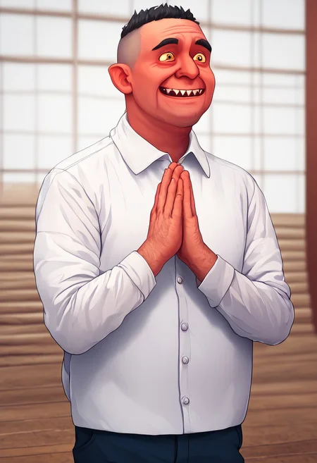 (score_9, score_8_up, score_7_up). (line work, excellent drawing, highest quality, extremely detailed:1.2). ((solo)), male_focus, 1man, old man, very fat, white long sleeves shirt, pants, pale skin, happy face, big head, sharp teeth, short, fat, buzz cut hair, criminal, cheap suit, big yellow eyes, weird eyes, bug-eyed, hands up together to pray, shrine pray, praying, shrine praying, ((shrunken head)), depth of field, white background,