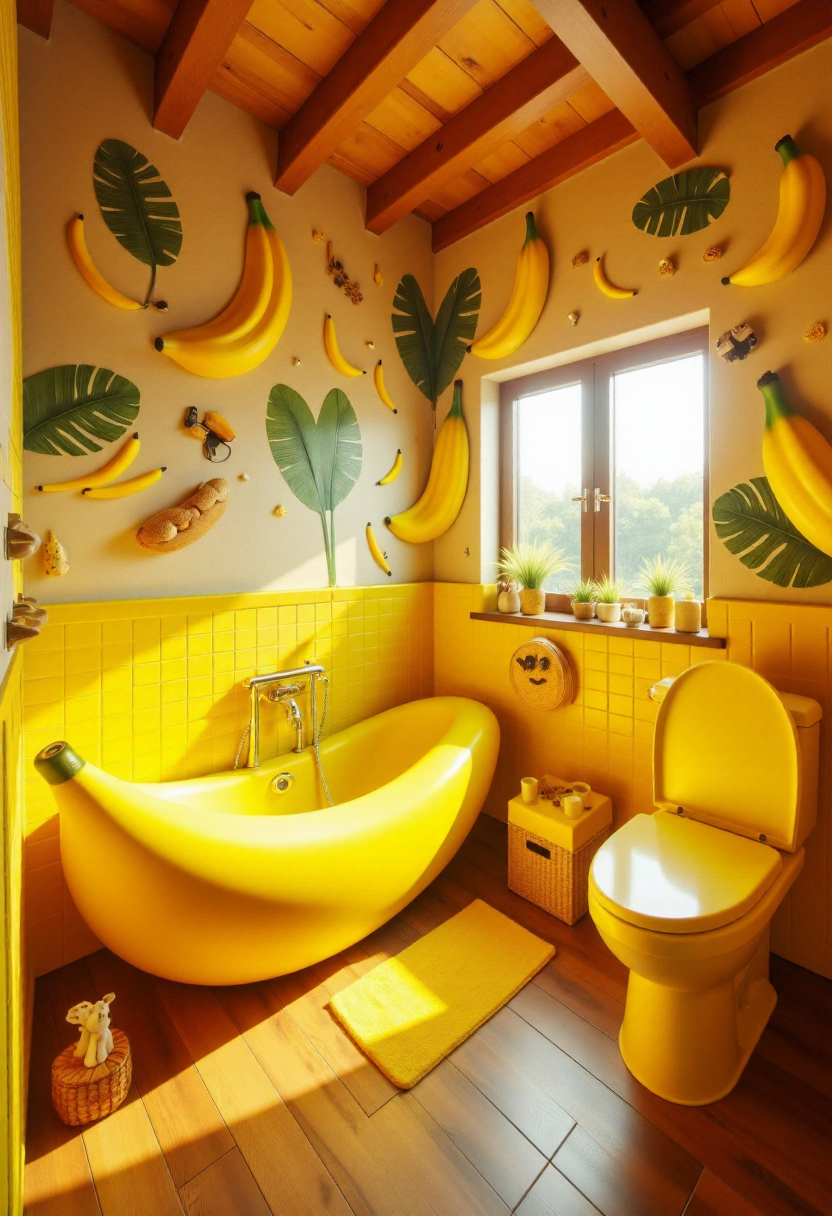 <lora:Custom_Bathroom_Crafter_FLUX-000013:0.8>
This is a photograph of a rustic, banana-themed bathroom, with yellow details, banana shaped bathtub, and banana toilet.