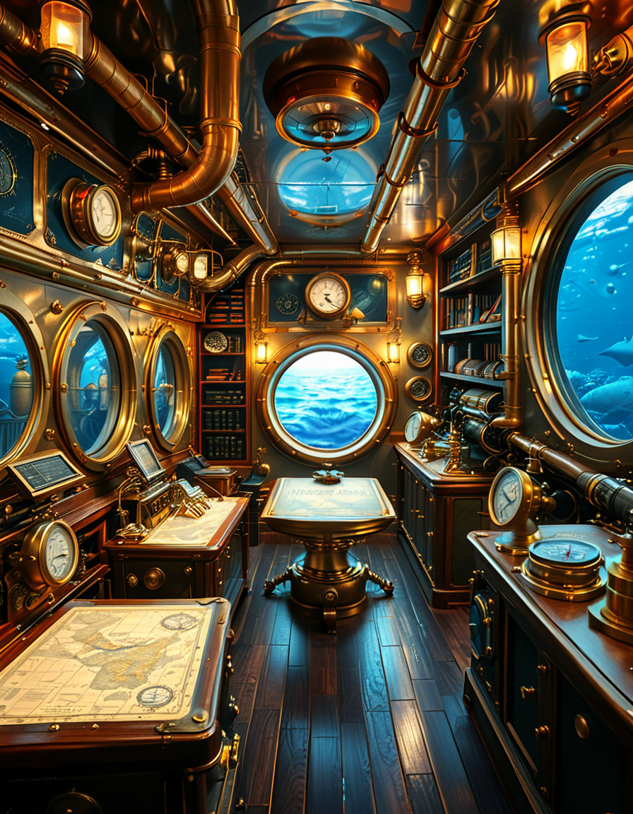 A stunning and intricate view of the interior of the Nautilus submarine, inspired by Jules Verneâs steampunk aesthetic. The room is a mix of Victorian elegance and advanced 19th-century marine engineering. The walls are lined with riveted brass and copper pipes, with intricate pressure gauges and mechanical levers. A massive, round glass porthole offers a breathtaking underwater view of deep-sea creatures swimming in the dark abyss. The warm glow of antique oil lamps and gaslights illuminates the space, casting soft golden reflections on the polished mahogany furniture and ornate brass railings. A large wooden desk is covered with old nautical charts, compasses, and a logbook filled with Captain Nemoâs notes. In the background, a library with leather-bound books and scientific instruments is neatly arranged on wooden shelves, emphasizing the scholarly and adventurous nature of the vessel. The ambiance is a perfect fusion of mystery, science fiction, and vintage maritime beauty, evoking a sense of wonder and deep-sea exploration.<lora:SDXLFaeTastic2400:0.4> <lora:extremely_detailed:0.4> extremely detailed, <lora:Nautilus_subm4r1n3:1>,Nautilus subm4r1n3, Masterpiece,best quality,hi res,8k,hi res,8k,award winning,(sharp focus, intricate, highly detailed),