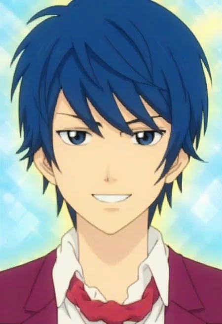 ((masterpiece)), ((best quality)), ((ultra-detailed)), ((absurdres)), score_9_up, score_8_up, score_7_up,
HD, top quality, best quality, amazing quality, High-quality illustrations, anime screencap, source_anime, best aesthetic, perfect proportions, perfect eyes, 1boy, 1male, male anime character, anime boy, solo male, male focus, handsome, attractive, cute, sexy, ((slim body, thin body, slender body)), ((tall, tall body, tall height)), looking at viewer, looking at front, front shot, front view, profile shot, close up shot of face, Makoto Teruhashi, blue hair, blue eyes, white shirt, maroon blazer, red-pink scarf, smiling, happy