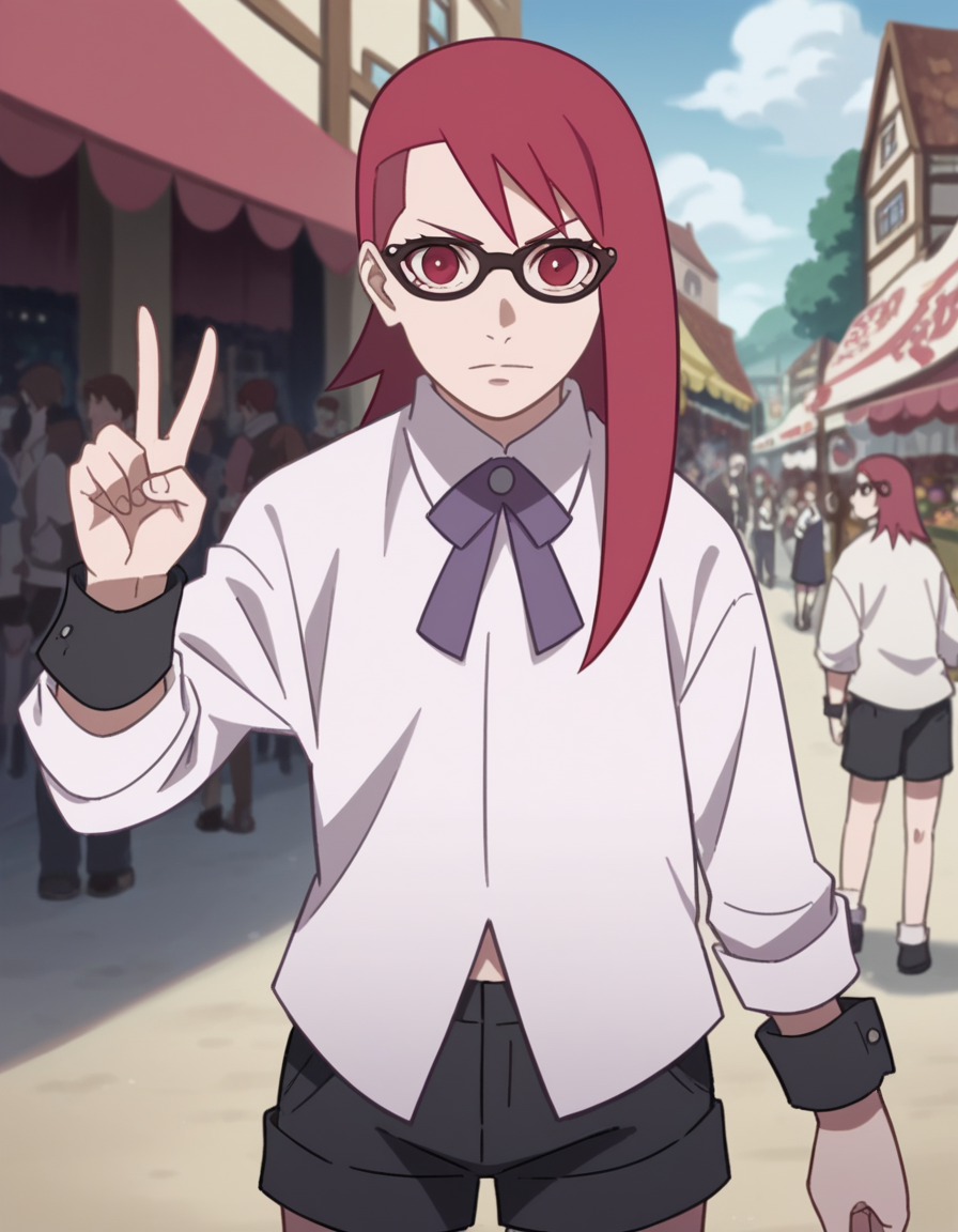 score_9, score_8_up, score_7_up, source_anime, <lora:karin-uzumaki-boruto-anime-ponyxl-lora-nochekaiser_r1:1>, karin uzumaki, red eyes, red hair, glasses,, shirt, shorts, wrist cuffs, black shorts, long sleeves,, street market, vendor, street food, bustling crowd, local flavor, vibrant, , looking at viewer, hand making a peace sign, solo,, cowboy shot, dutch angle