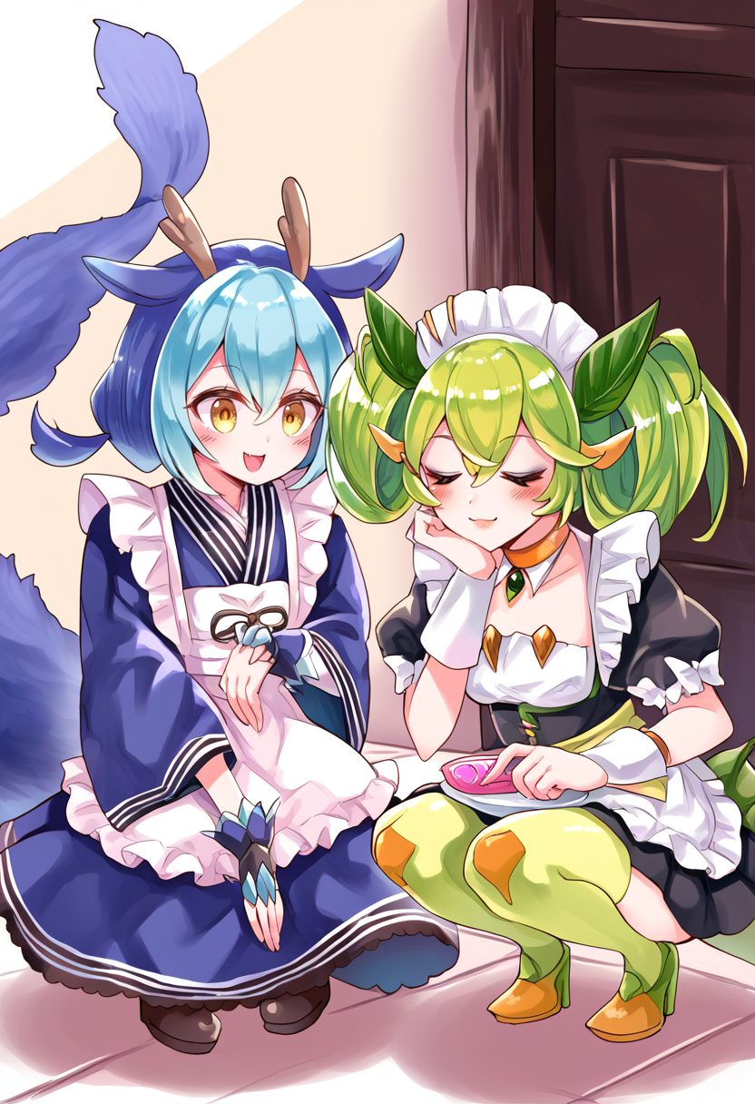 (score_9:0.9),score_8_up,score_7_up,anime style,rating_safe,(zPDXL),<lora:parlor dragonmaid ponyXL v2:0.83>,parlor dragonmaid,maid costume,yellow thigh boots,wrist cuffs,laundry dragonmaid,blue maid outfit,2girls,multiple girls,>_<,closed eyes,smile,makeup,squatting,blush,cosmetics,fingerless gloves,