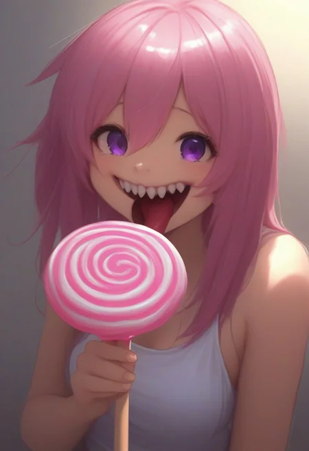 CivChan, purple eyes, pink hair,
(licking a giant lollipop made from teeth, made_from_teef:1.5)