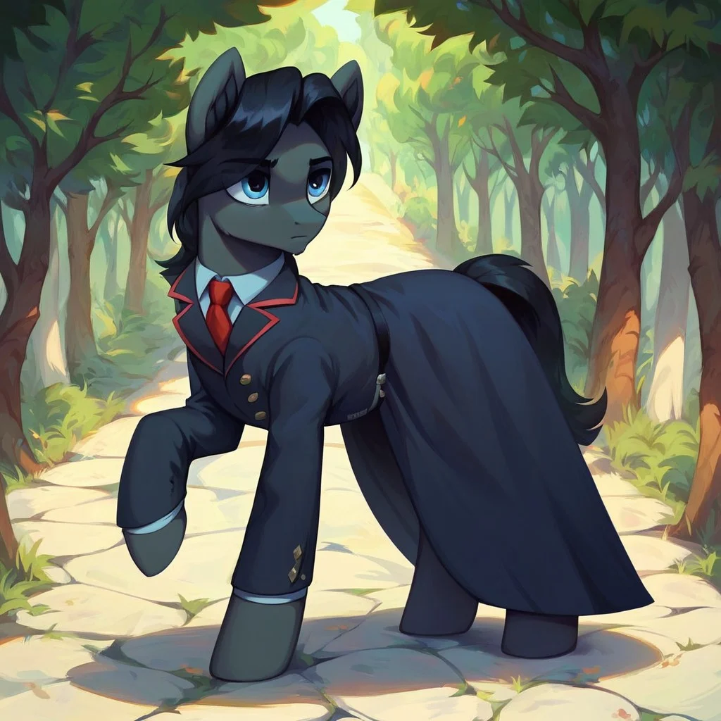 masterpiece, score_9_up, score_8_up, score_7_up, score_6_up, (best quality:1.1), ultra-detailed, high resolution, solo, Sinister Serov, pony, mlp, feral, thin eyebrows, blue eyes, stallion, male, pony ears, black ear fluff, black skin, black mane, curtain bangs, tail, full dressed, black suit, red tie, detailed facial features, expressiveh, highly visible, sharp focus, anatomically correct, detailed background, full body, expressiveh, highly visible, sharp focus, anatomically correct, detailed background, outside, outdoors, spruce forest in the background