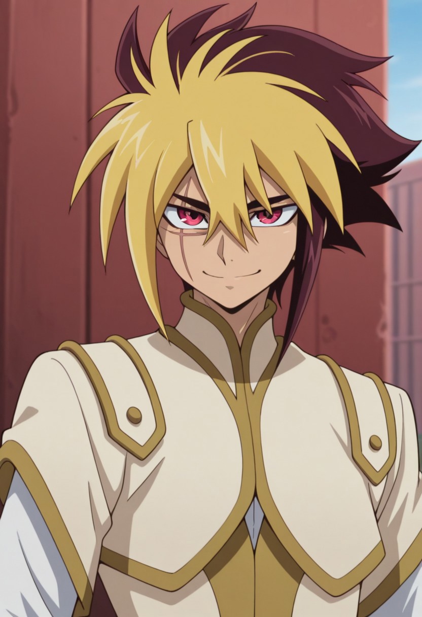 masterpiece,best quality,amazing quality, source_anime, 
Thomrclight, 1boy, male focus, solo, red eyes, scar across eye, multicolored hair, brown hair, blonde hair, shirt, white shirt, coat, brown coat, short over long sleeves, portrait, outdoor, smile, closed mouth,