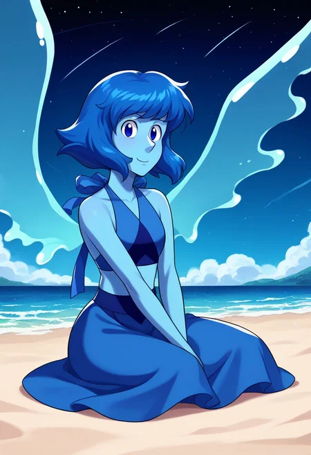 score_9, score_8_up, score_7_up, source anime,
masterpiece, best quality, detailed, amazing quality,
detailed background, night, stars, beach,
detailed eyes, clean eyes,
dynamic pose, sitting,
solo, 1woman, woman,
easynegative,
happy, looking at viewer,
lapis lazuli \(steven universe\),
colored skin, blue skin, blue hair, blue eyes, water wings,
lapis_default, halter top, skirt, barefoot,