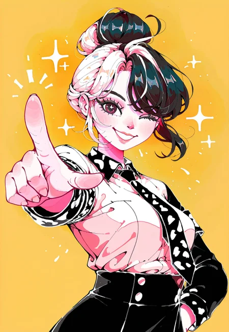 1girl, upper body, [portrait], pointing at viewer, foreshortening,
invpa, patterned collared shirt, necktie, armband, high-waist_skirt,
split-color hair, topknot, happy, wink,
geneva_bowers, lianbiglian, nocopyrightgirl,
masterpiece, best quality, absurdres, [dynamic pose]