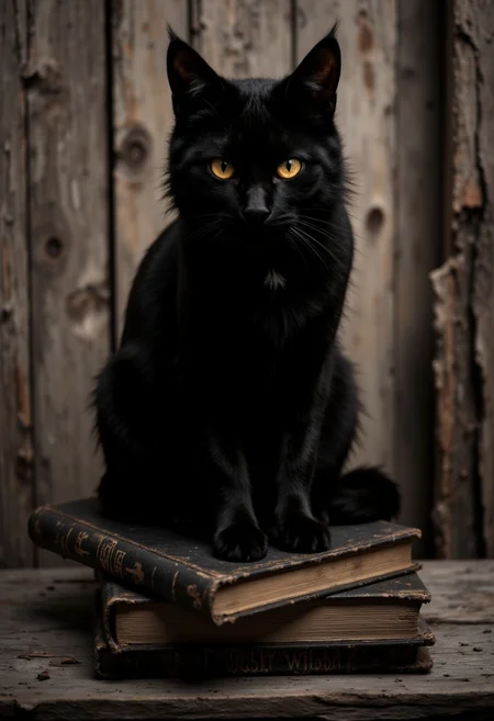 A black cat with glowing yellow eyes sitting on a pile of grimy old spell books.
, aidmaHalloweenBoost, aidmaHyperrealism, aidmaimageupgrader, aidmaabdhr, aidmafluxpro1.1