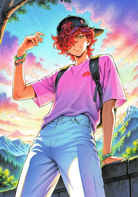 masterpiece,best quality,amazing quality, multfx, colorful, colored shading, hued shading, cyb88, traditional media, SSALBE, 1boy, solo, male focus, wavy hair, short hair, pink-red hair, hair over one eye, green eyes, backwards cap, headwear, pink shirt, white pants, smile, from the side, from below, side glance, looking at viewer, hand up, bracelets, upper body, outdoors, trees, cloudscape, mountain