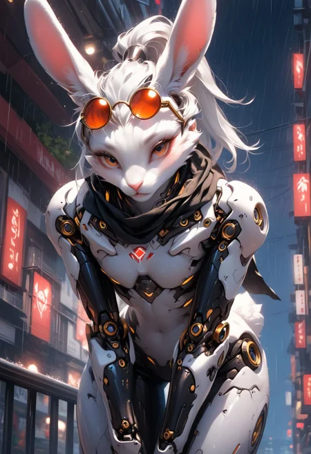 score_9, score_8_up, score_7_up, score_6_up, source_furry, realistic, solo, close up, face focus, (bottom view:1.3), standing, ((leaning forward61.3)), boy, (black scarf), anthro rabbit boy, girly, twink, sexy attire, (black armour:1.1), 1boy, round glasses, sexy, fit, thick thighs, soft fur, white fur, skinny, flat-chested, attractive, undercut, ponytail, (white colours:1.1), (exosuit:1.2), robot joints, futuristic, cyberpunk, night city, rain, roof,  realistic fur texture, Expressiveh, 1dk