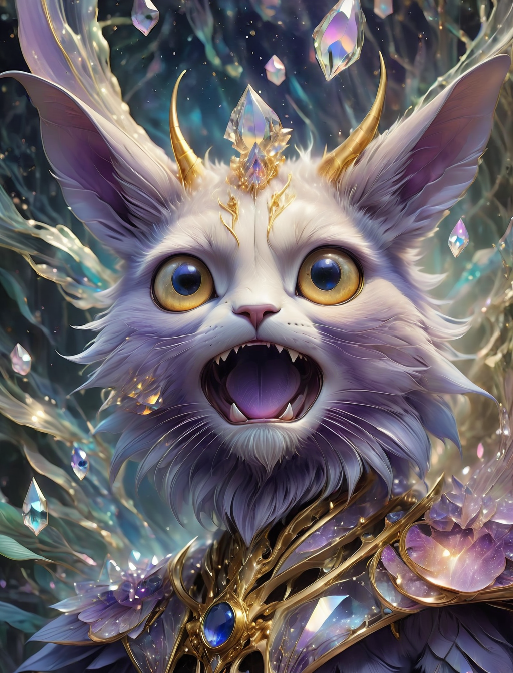 ((style of Jean-Baptiste Monge:Sui Ishida)), ((abstract)), transparent sapphire, (transparent purple skin:1.2), metallic gold accents, crystalline refractions, ethereal, surreal, angular, intricate backgroumd, masterpiece, absurdres, best quality, ray tracing,  <lora:add-detail-xl:1>,  <lora:SDXLFaeTastic2400:1>,  <lora:AnzhcDreamwave XL:1>