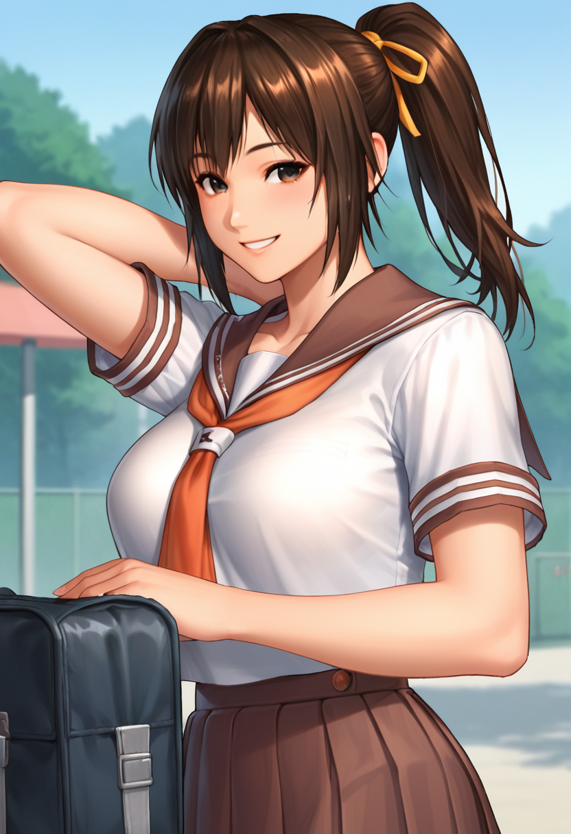 score_9, score_8_up, score_7_up, source_anime,1girl, 
 <lora:KiryuAoi-PonyV1:0.9>rpkaoi, large breasts, brown hair, brown eyes, hair ribbon, ponytail, 
school uniform, skirt, serafuku, bag,  school bag, smile,