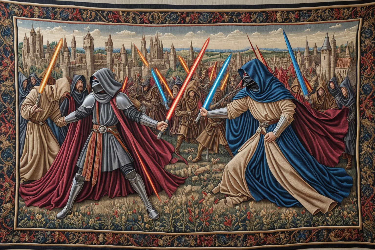 a jedi and a sith, fighting, different colored lightsabers, glowing lightsabers, a little bit of magic, medieval tapestry style, hyper realism, 1400s, ultra detailed, intricate detail, silk thread, wool thread, metal thread, visible stitching, complex background, <lora:Wolvie_Concept_Tapestry_SDXL_v1.2:1>