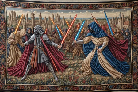 a jedi and a sith, fighting, different colored lightsabers, glowing lightsabers, a little bit of magic, medieval tapestry style, hyper realism, 1400s, ultra detailed, intricate detail, silk thread, wool thread, metal thread, visible stitching, complex background, <lora:Wolvie_Concept_Tapestry_SDXL_v1.2:1>