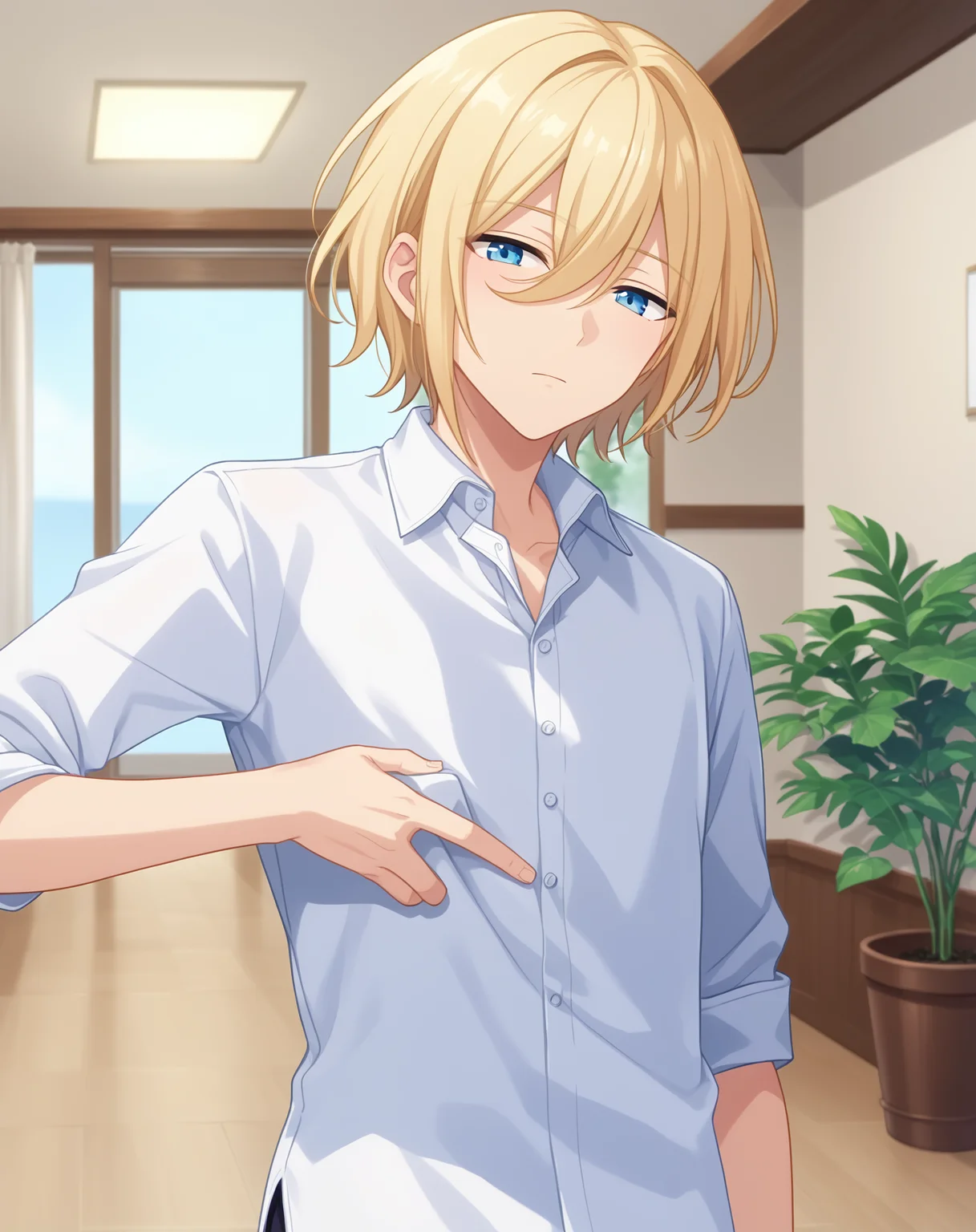 score_9, score_8_up, score_7_up, source_anime, anime screencap, depth of field, rating_safe, BREAK,
1boy, solo, yaoi, male focus, looking at viewer, cowboy shot, facing viewer, expressionless,
<lora:tenshouin_eichi_pony:1> tenshouin_eichi_pony, blonde hair, blue eyes, medium hair, hair between eyes, bangs,
white shirt, collared shirt,
indoors,