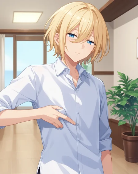 score_9, score_8_up, score_7_up, source_anime, anime screencap, depth of field, rating_safe, BREAK,
1boy, solo, yaoi, male focus, looking at viewer, cowboy shot, facing viewer, expressionless,
<lora:tenshouin_eichi_pony:1> tenshouin_eichi_pony, blonde hair, blue eyes, medium hair, hair between eyes, bangs,
white shirt, collared shirt,
indoors,