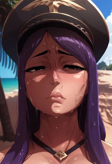 masterpiece, best quality, 1girl,  female , 
BREAK, 
score_9, score_8_up, score_7_up, score_6_up, source_cartoon, rating_explicit <lora:officialpit_style_v11:0.8> ,, close view, , source_anime, anime, anime screencap, anime coloring, animification, score_9_up, score_8_up, score_7_up, (high quality:2.0), (1 woman:2.0),, huge boobs,  , horny,  prostitution, prostitute, slutty, beach background,, Zayd, purple hair, upper body, face close, upper body only, only face, face portrait, perfect eyes, wet lips, face focus, detailed face, call down, tired eyes, 
 Hat, long hair, standing,