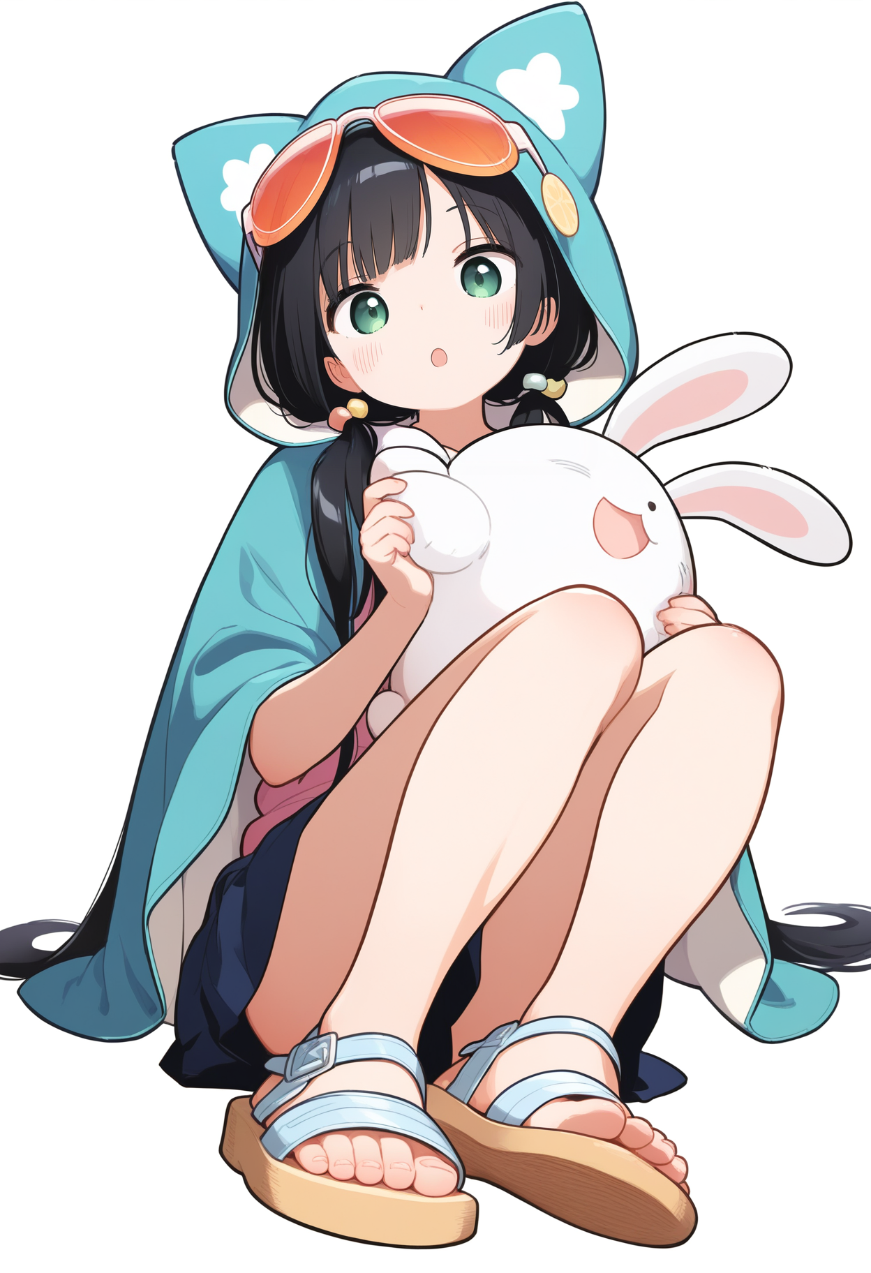 1girl, solo, long hair, looking at viewer, blush, open mouth, simple background, skirt, black hair, white background, sitting, twintails, green eyes, full body, pleated skirt, hood, feet, :o, blue skirt, legs, toes, sandals, sunglasses, stuffed toy, stuffed animal, eyewear on head, knees up, toenails, hood up, animal hood
, masterpiece, best quality, good quality,
<lora:sakurakono_noob-vpred1.0_v2_edm2_p2:1>