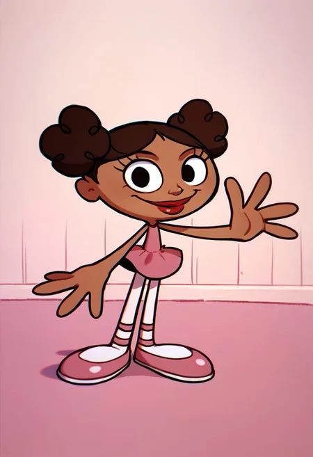 score_9, score_8_up, score_7_up BREAK MeeMeeDL, 1girl, dark brown hair, dark brown eyes, brown skin, curly pigtails, lipstick, sleeveless pink dress, white tights, pink ballet shoes, smiling at viewer, solo, solo focus, full body, standing,
