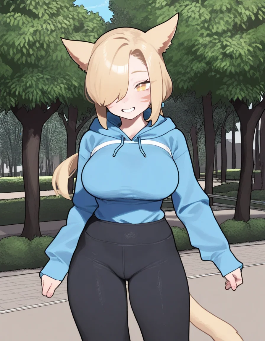 masterpiece, best quality, very aesthetic, absurdres,gloss,uncensored, 
BREAK,
1girl, miqo'te, cat tail, cat ears, blonde hair, hair over one eye, yellow eyes, long hair, low ponytail, large breasts, long hair, tail, outdoors, park, blue hoodie, high-waist pants, yoga pants, black pants, light blush, smile
<lora:bee_deadflow-fandingo-ill:0.8>