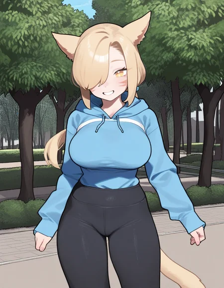 masterpiece, best quality, very aesthetic, absurdres,gloss,uncensored, 
BREAK,
1girl, miqo'te, cat tail, cat ears, blonde hair, hair over one eye, yellow eyes, long hair, low ponytail, large breasts, long hair, tail, outdoors, park, blue hoodie, high-waist pants, yoga pants, black pants, light blush, smile
<lora:bee_deadflow-fandingo-ill:0.8>