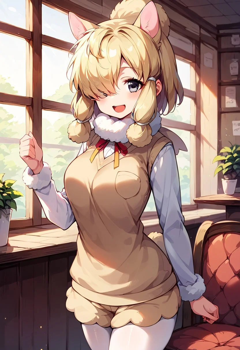 1girl, ((solo)), best quality, ultra-detailed, extremely detailed, perfect anatomy, masterpiece, score_9, score_8_up, score_7_up, Expressiveh, alpaca suri (kemono friends), alpaca ears, hair over one eye, bangs, blonde hair, grey eyes, sidelocks, hair tubes, hair bun, tail, short hair, horizontal pupils, fur scarf, white pantyhose, long sleeves, fur collar, fur trim, neck ribbon, white shirt, sweater vest, shorts, pantyhose, breast pocket, fur-trimmed sleeves, shoes, standing, open mouth smile, smile, cute, cafe background, in a cafe, indoors, window with light, countertop, tables, chairs, happy, looking at viewer, standing, closeup, dutch angle, top half,