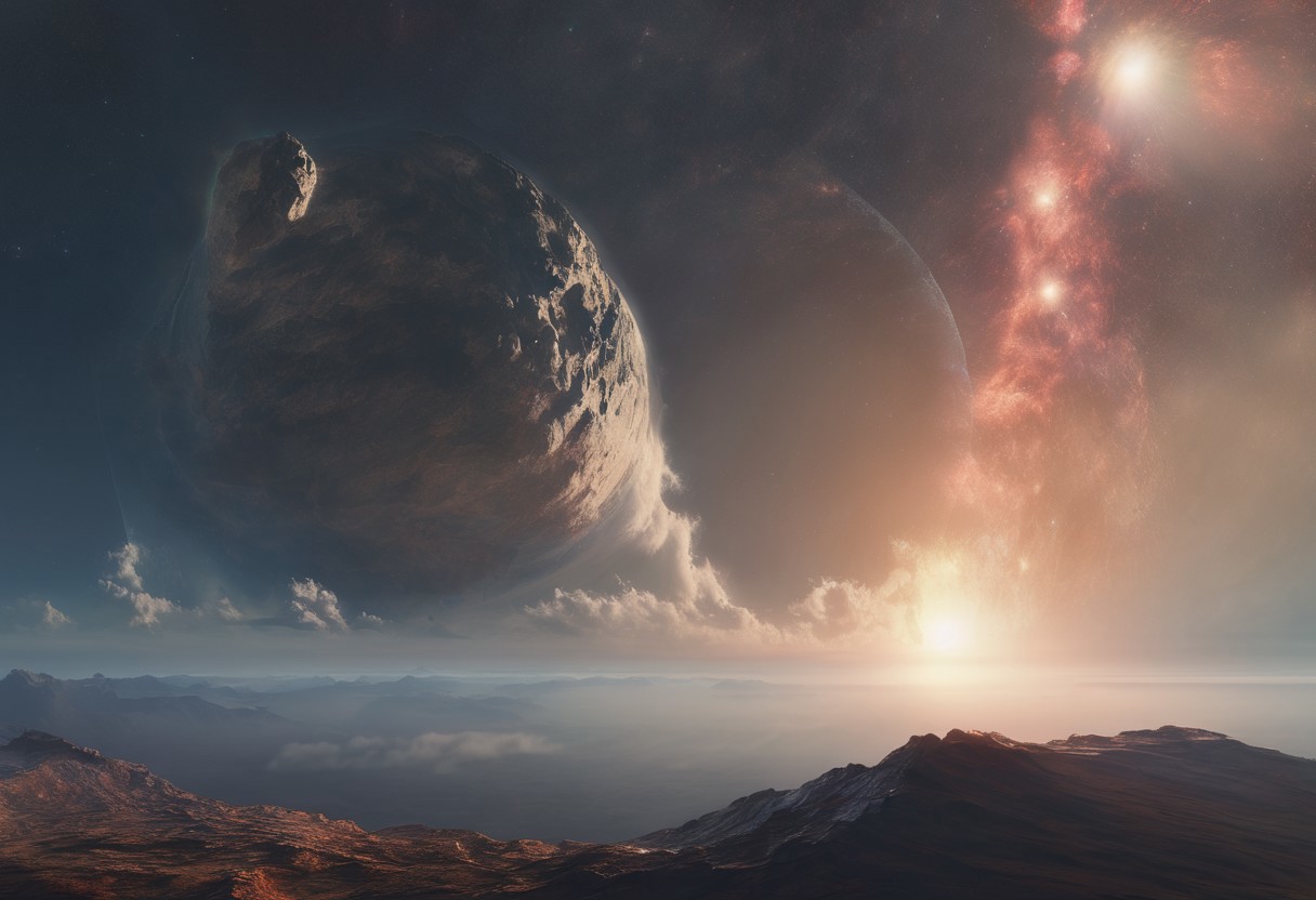 viev from space on an ancient planet shrouded in clouds, a dying star in the background