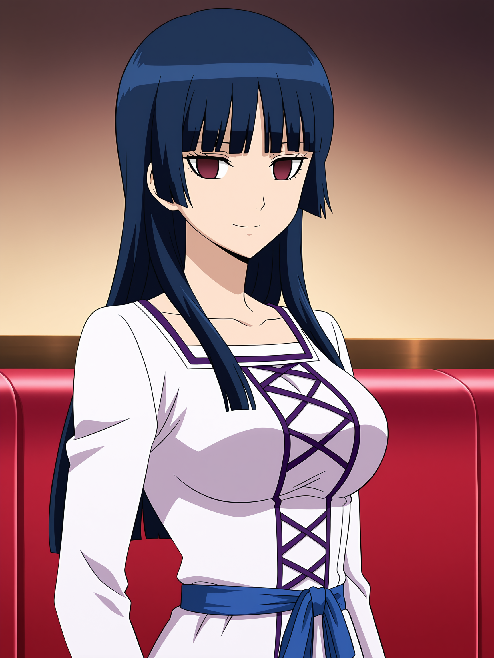 best quality, official art, anime screenshot, anime coloring, adult female, dress, looking at viewer, smile, 1girl, solo, medium breasts, dark blue hair, blunt bangs, long hair, dark crimson eyes, no pupil, empty eyes, imai_nobume, <lora:RGV_Nobumev2_GTM:0.9>