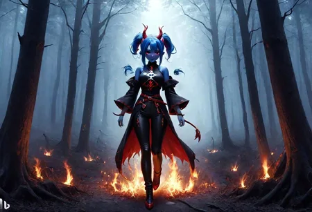 dark brown pants, highres,best quality,ponytail, full body,short height,happy,(purple eyes),photograph,realistic lighting,cute face,1girl,red tips on hair,red skin, fantasy world,in the forest, warlock,demon horns,skull logo, DonMD3m0nXL,blue skin:1.4, yellow eyes, anime style,blue flame,flames around hands,fantasy adventure outfit,fighting stance