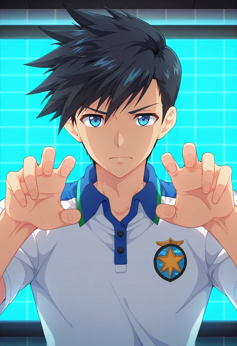 masterpiece, best quality, intricate details, anime screencap, anime coloring, official style, looking at viewer, , 1boy, solo, male focus, <lora:natsumi_hamasaki_ilxl:0.9>, natsumi_hamasaki, black hair, blue eyes, short hair, uniform, digital sanctuary, data streams, firewall gates, code paths, interface pose, focused expression, grid lighting, polo shirt,