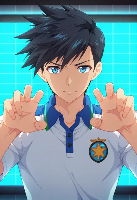 masterpiece, best quality, intricate details, anime screencap, anime coloring, official style, looking at viewer, , 1boy, solo, male focus, <lora:natsumi_hamasaki_ilxl:0.9>, natsumi_hamasaki, black hair, blue eyes, short hair, uniform, digital sanctuary, data streams, firewall gates, code paths, interface pose, focused expression, grid lighting, polo shirt,