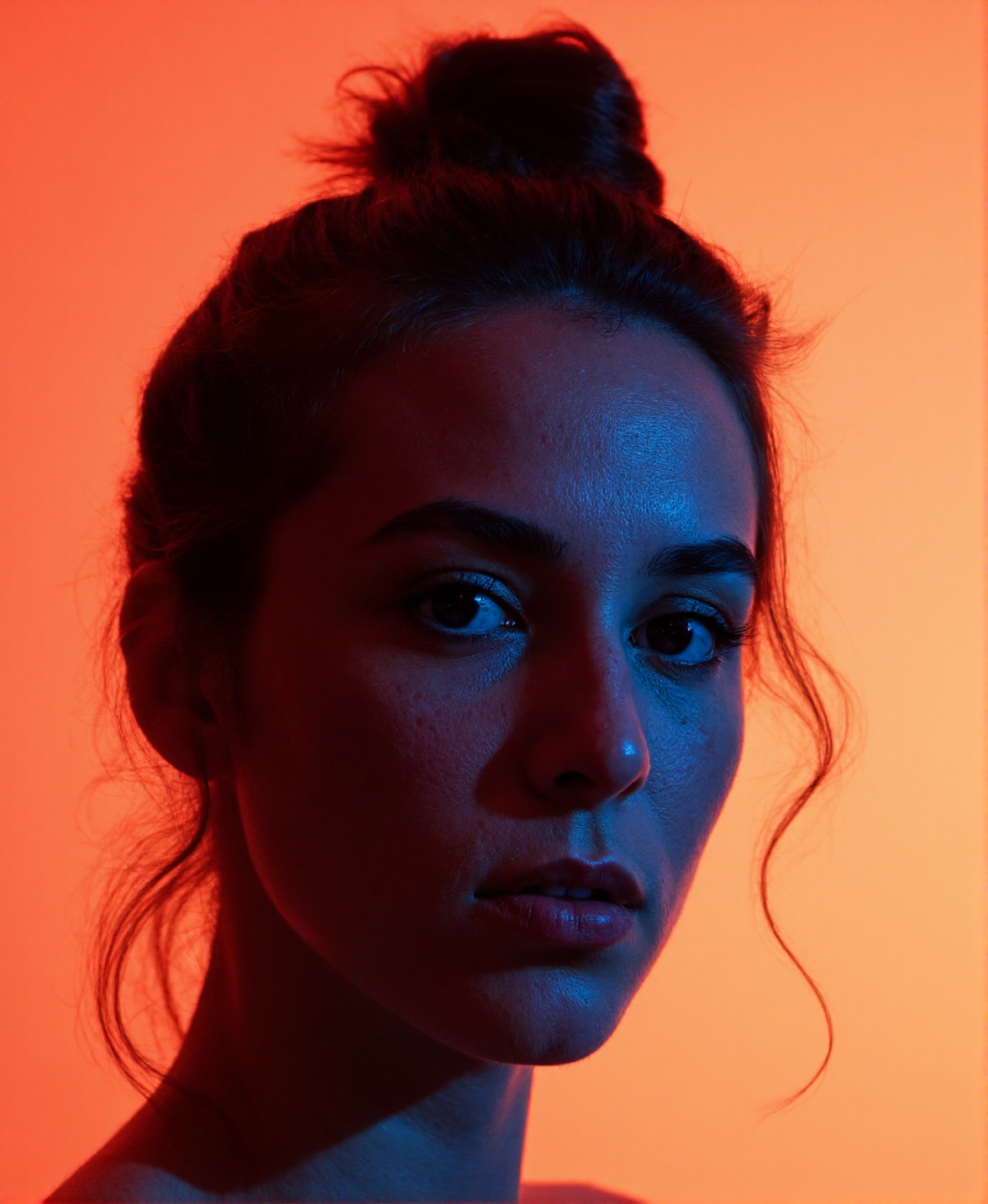 A close-up portrait of a woman against a vibrant gradient background of orange and red tones. The lighting creates a striking contrast, casting shadows on her face, which appears in cool blue hues. She has a soft expression, her hair styled in a messy bun, with loose strands framing her face. The image captures a moody, artistic essence.  <lora:iPhonePhoto2:0.867>,  <lora:Flux_Skin_Texture:0.865>, <lora:amateurphoto-6version:1>, <lora:jj_Flux:1> ,<lora:fur_detailer_v1:1>