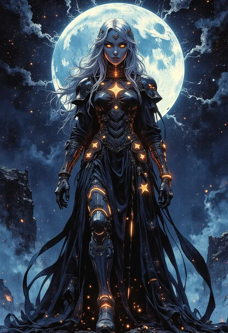 A mysterious celestial female figure standing against a star-filled cosmic background, silver-white flowing hair glowing faintly in the moonlight, her face hidden in shadows for a mysterious and ethereal effect. She is wearing a black, intricate, flowing outfit that resembles both a gown and armor, decorated with glowing golden and orange celestial motifs like stars and constellations. The outfit has metallic elements, including ornate arm and leg pieces with intricate engravings. The background features a deep, vivid night sky with a luminous blue nebula, distant stars, and a glowing moon. The character's stance is majestic and heroic, her clothing and hair flowing dramatically in the cosmic winds. High detail, sharp focus, cinematic lighting, and a dark fantasy atmosphere.