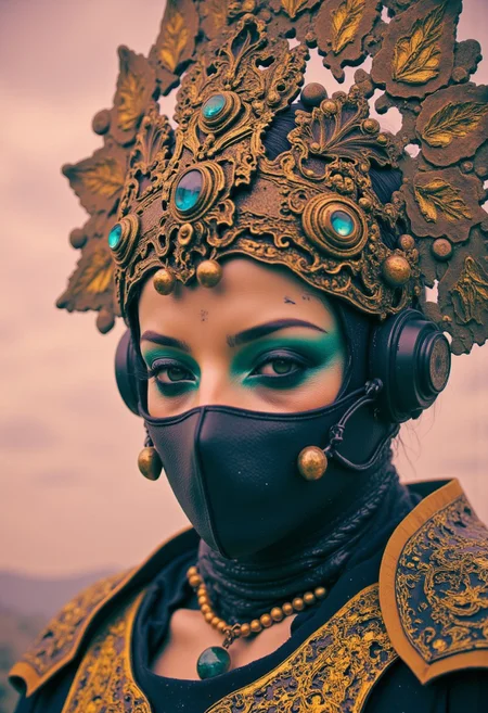 cpstyle, mmstyle, an eerie closeup portrait of an armored Rococo Warrior queen, eye Make-up, The sky is a swirl of soft gold and silver clouds, an ancient sun barely visible through the haze. neon-mist, towering LACE and Cooper crown, turquoise Crystal, Milky Haze, neon-mist