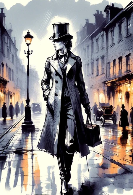 inksketch
A sharp-eyed female detective in a Victorian-era suit stands under a gas lamp, holding a magnifying glass. Cobblestone street, fog, horse-drawn carriage, top hat, trench coat, monocle, dramatic shadow, film noir.