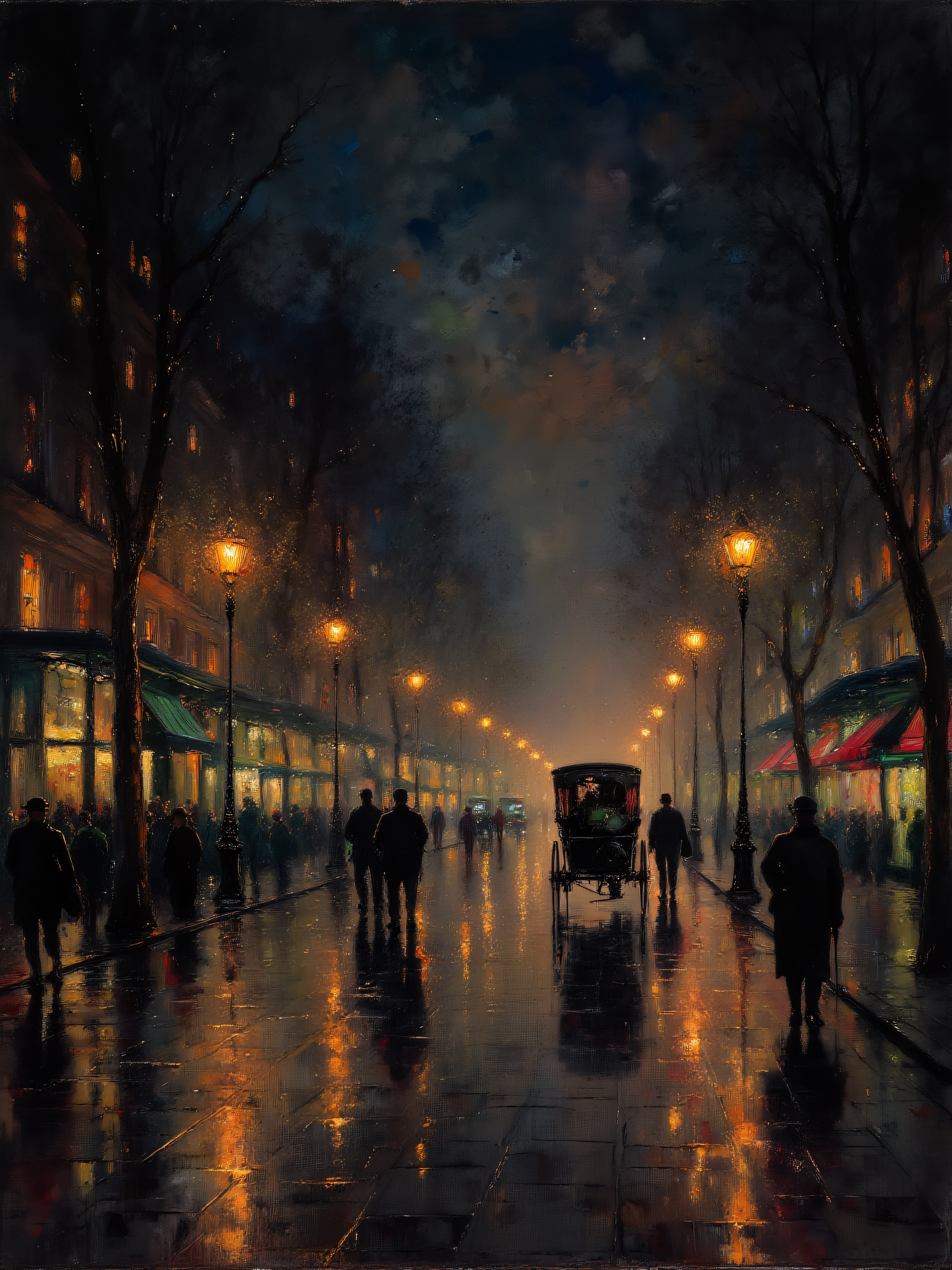 Camille Pissarro, Boulevard Montmartre at Night,
The image shows a bustling city street illuminated by soft streetlights. Carriages and pedestrians fill the street, and the glowing lights cast a golden hue on the wet pavement.
city street, streetlights, carriages, pedestrians, glowing lights, wet pavement, bustling, night scene