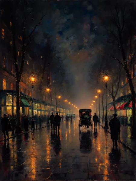 Camille Pissarro, Boulevard Montmartre at Night,
The image shows a bustling city street illuminated by soft streetlights. Carriages and pedestrians fill the street, and the glowing lights cast a golden hue on the wet pavement.
city street, streetlights, carriages, pedestrians, glowing lights, wet pavement, bustling, night scene