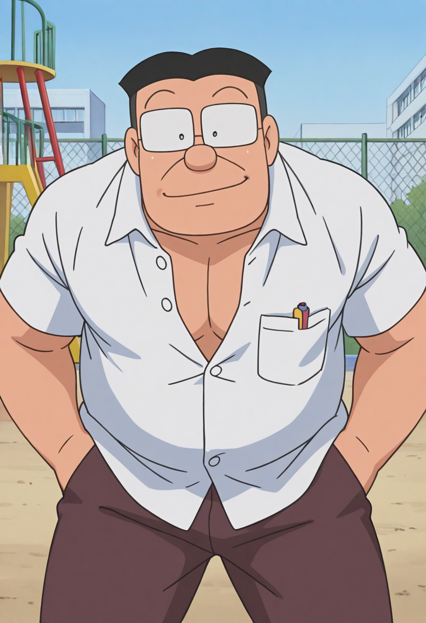 1boy, standing, unbuttoned shirt, white shirt, leaning forward,  facing viewer, brown pants, hands in pockets, looking at viewer, casual, smirk, closed mouth,
BREAK
senseiofnobita, mature male, glasses, dot pupils, black hair, black eyes, plump, retro artstyle, 1990s \(style\),
BREAK
thick thighs, thick arms, large pectorals, muscular, playground, school, outdoors, blue sky, building,
BREAK
best quality, masterpiece, very aesthetic, absurdres, highest detailed, very awa, <lora:Sensei_from_late_Doraemon_oyama_edition_v1.0:1>