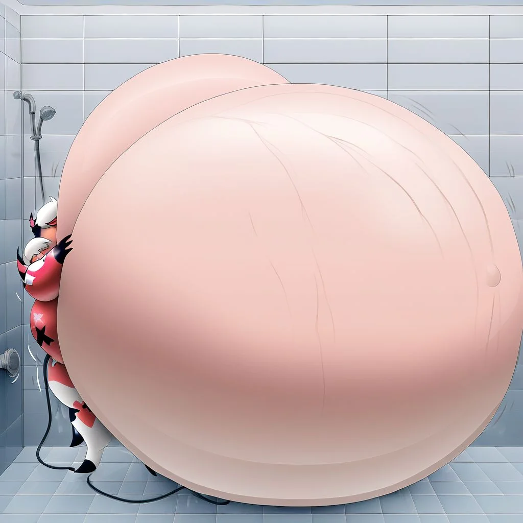 belly size bigger than main body)), (gigantic belly:2.0), goddess, shower, bathroom, cute, nervous, shy, heavy breathing, in heat, open mouth, aroused, hands on belly, hose leading into butt from air pump on ground, huge Belly press on mirror, verosika mayday from helluva boss