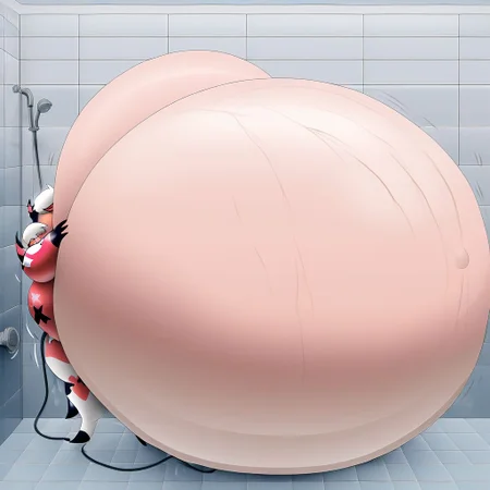 belly size bigger than main body)), (gigantic belly:2.0), goddess, shower, bathroom, cute, nervous, shy, heavy breathing, in heat, open mouth, aroused, hands on belly, hose leading into butt from air pump on ground, huge Belly press on mirror, verosika mayday from helluva boss
