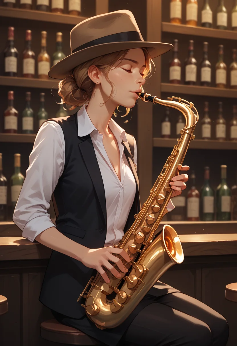 score_9, score_8_up, score_7_up, score_6_up, score_9, score_8_up, score_8, 1woman, SH_S4X, bar, instrument, solo, solo focused, fedora, eyes closed, playing instrument,   <lora:Sheeps_Saxophone:0.8>